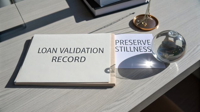 Loan Validation Record on a Modern Desk with Glass Sphere and Inspirational Sign for Financial and Productivity Themes