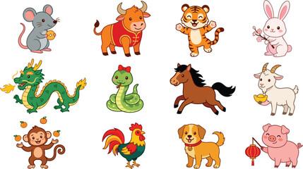 Chinese zodiac animal collection featuring rat ox tiger rabbit dragon snake horse goat monkey rooster dog and pig vector illustration set © Prodip
