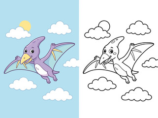 Cute purple pterodactyl dinosaur flying in the sky as a fun vector graphic illustration for children and educational activity books. © Kevin