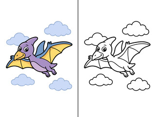A cute purple pterodactyl vector illustration featuring a coloring page style design with bold outlines and soft pastel flat colors © Kevin