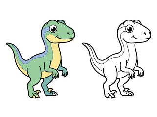 Fototapeta premium A cute friendly dinosaur vector illustration shown in both full color and clean black and white outline for coloring books.