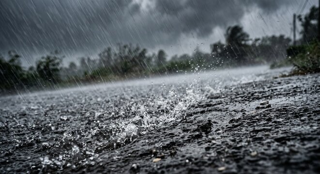 線状降水帯と大雨警報のコンセプト：アスファルトに激しく叩きつける雨水と白い水しぶき