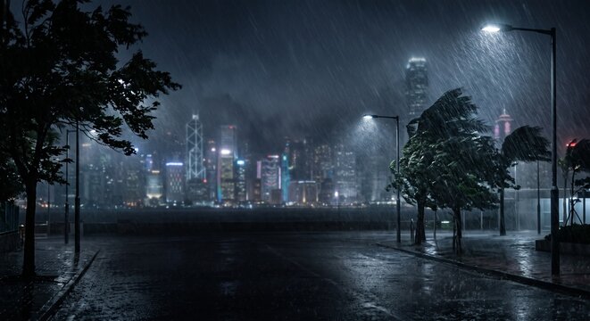 台風が通過する夜の都市イメージ：雨に煙る高層ビルのシルエットと冷たく光る横殴りの大雨