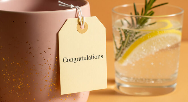 Congratulations gift tag on pink ceramic mug, refreshing lemon water with rosemary, celebratory morning coffee and drink aesthetic