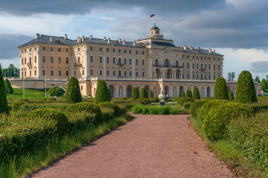 Strelna, St. Petersburg, Russia, June 12, 2025: Konstantinovsky Palace (Bolshoy Strelninsky Palace) of the palace and park ensemble in Strelna from the side of Nizhny Park on a sunny summer day