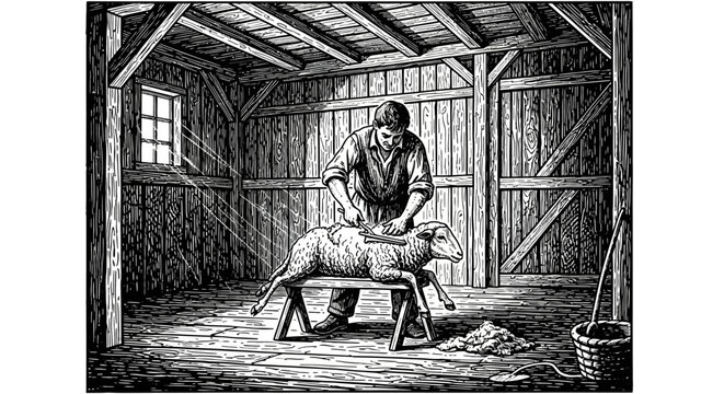 Historical blacksmith working in rustic workshop interior.