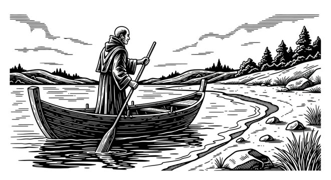 Ancient traveler rowing a small wooden boat on a river.