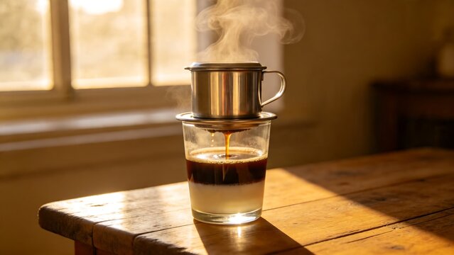 Traditional Vietnamese drip coffee brewing in a phin filter over a glass with condensed milk on a sunlit wooden table