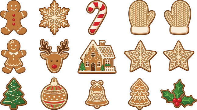Christmas gingerbread cookie vector collection featuring festive holiday biscuits snowflakes ornaments mittens and winter celebration decorations