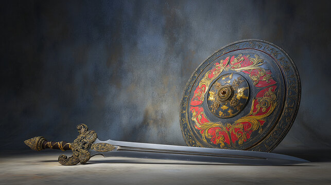 rajput. Traditional Rajput curved sword and shield with detailed metalwork on textured background. event programs, museum guides, designed for cultural heritage projects and event programs.