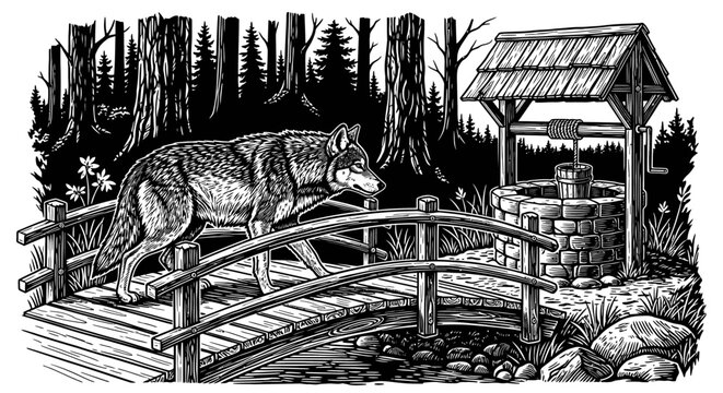 Lynx walking on wooden bridge near well.
