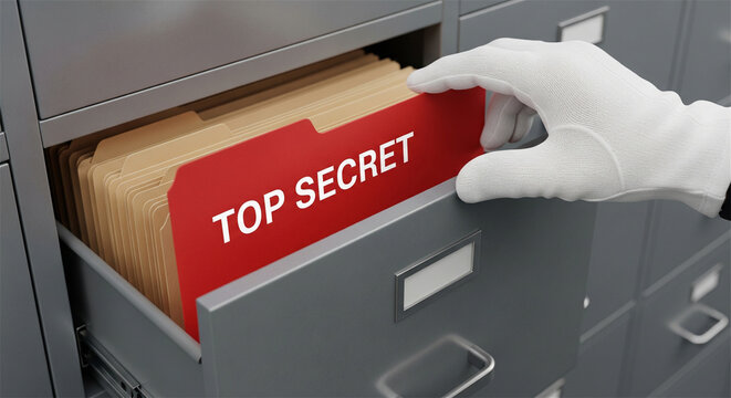 Top Secret red folder in metal filing cabinet, hand in white glove pulling classified document, confidential data storage and archive