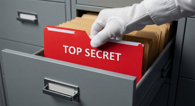 Top secret red folder in office filing cabinet, gloved hand pulling classified document, confidential data security and espionage concept