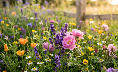 Obraz premium Enchanting English Cottage Garden in Full Bloom at Golden Hour