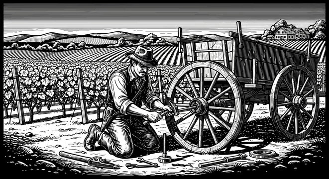 Farmer repairing wooden wagon wheel in field.