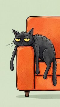 Watercolor illustration of a tired lazy black cat lounging on an orange armchair
