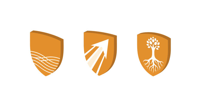 Three orange shields with distinct white symbols.