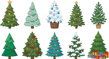 Obraz premium Christmas tree collection featuring decorated pine trees snowy evergreens festive ornaments and holiday vector illustration set