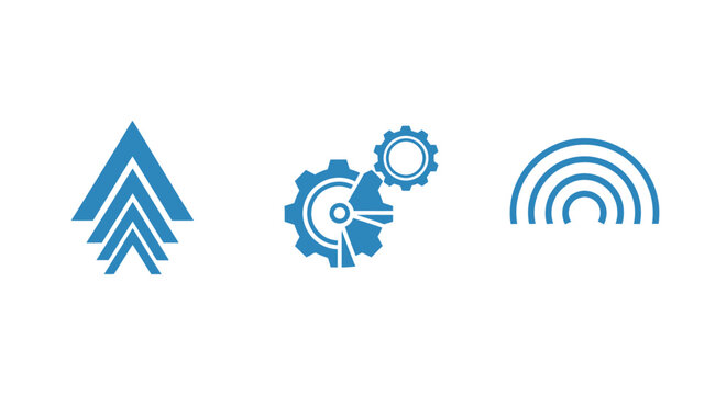 Three blue icons representing technology and industry concepts.