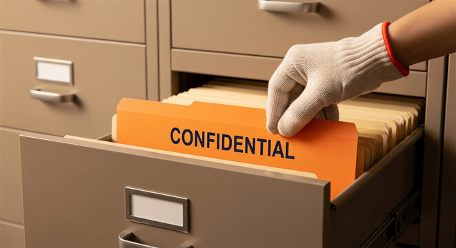 Confidential document folder in filing cabinet, hand in glove searching secret files, private data security and archive storage