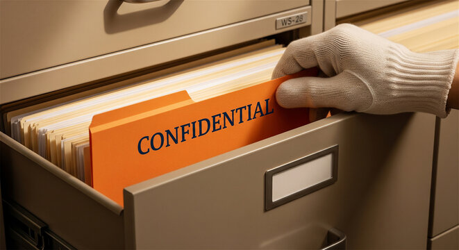 Confidential document folder in filing cabinet, gloved hand stealing secret files, corporate espionage and data breach concept