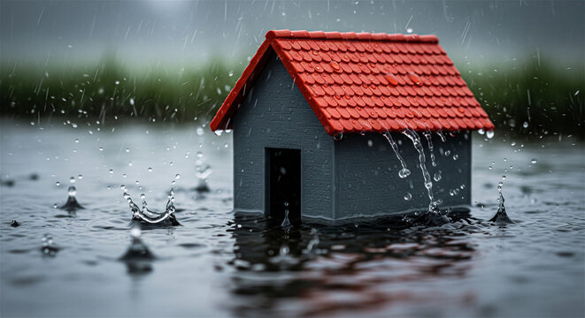 Flooded house model in heavy rain, miniature home submerged in water, property damage and climate change concept