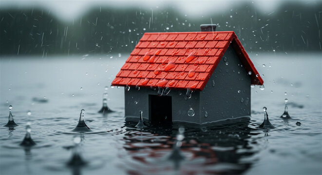 Flooded miniature house in heavy rain, small home model submerged in water during storm, property insurance and climate change concept