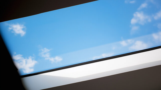 sunroof. Rectangular sunroof framing moving clouds against a blue sky, minimalist architectural detail. real-estate listings.