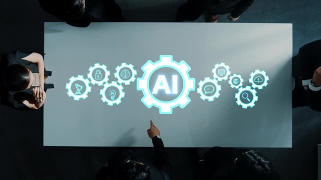 Business Meeting with AI Technology Discussion around a Modern Table Featuring Gears and Icons Representing Data, Security, and Innovation. Entropy.