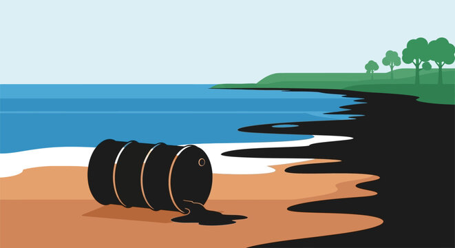Environmental disaster with oil spill and barrel silhouette on a sandy beach