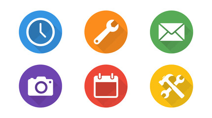 Fototapeta premium Flat icon set with clock wrench screwdriver email camera calendar lock and key badges