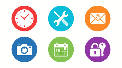 Fototapeta premium Flat icon set with clock wrench screwdriver email camera calendar lock and key badges