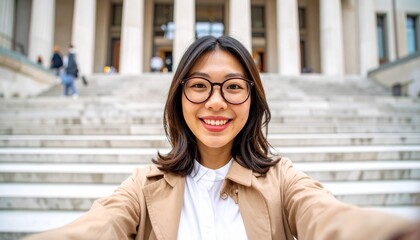 Fototapeta premium Young woman making a Korean finger heart gesture in front of a classic stone building with columns, professional portrait style