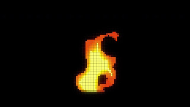 Animation pixelated fire flame burning, with cartoon ,8 bit  and 2d style suitable  video footage , cartoon animation , transparent and alpha channel only 4k.