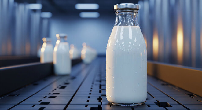 Fresh milk glass bottles on industrial conveyor belt, dairy production line in modern factory, automated processing of organic milk beverage