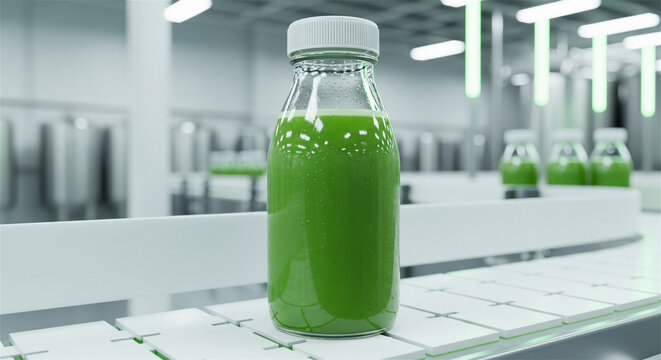 Green vegetable juice in glass bottles on conveyor belt, industrial beverage production line, healthy cold pressed drink manufacturing