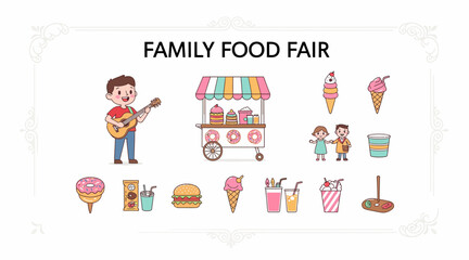 Fototapeta premium Cartoon Family Food Fair: Guitarist, Food Stalls, Ice Cream, Burgers