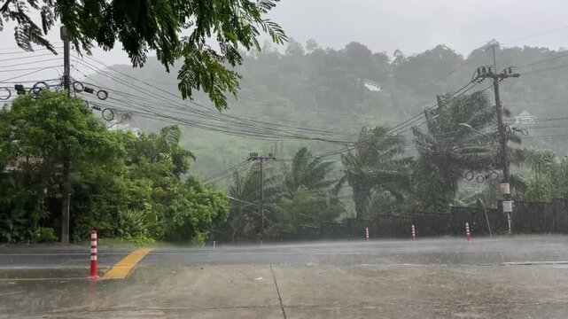 A heavy tropical downpour during the monsoon season in Phuket, Thailand. The pouring rain and strong winds are visible against a backdrop of hills and green palm trees, with power lines running along 