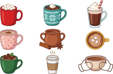 Fototapeta premium Cozy winter hot drinks vector collection featuring hot chocolate coffee cocoa marshmallows festive mugs and seasonal beverage illustrations