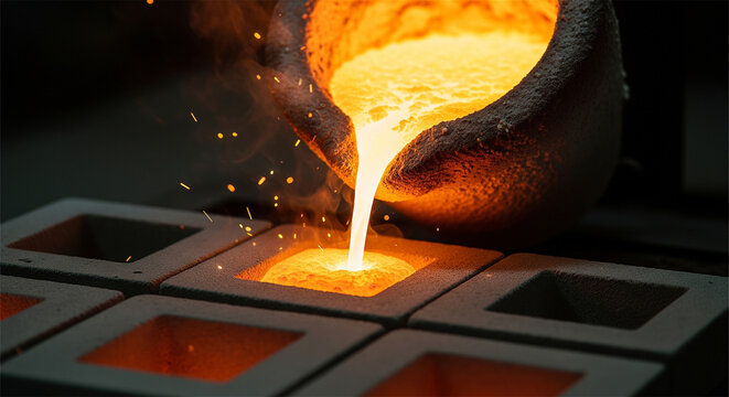 Molten gold pouring from crucible into square molds, liquid glowing metal in foundry, industrial gold casting process with sparks