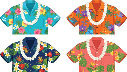 Hawaiian Shirt Set with Tropical Floral Print and Flower Lei Garland in Four Colors for Summer Fashion and Beach Vacation Designs © Hosneara