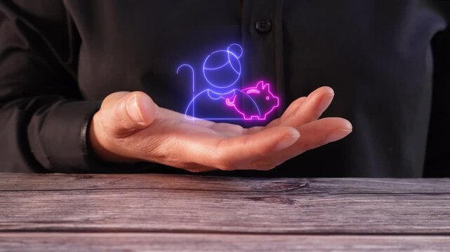 The hand gestures convey futuristic financial concepts. The person is displaying an icon of an elderly person and a glowing pig, representing retirement savings.