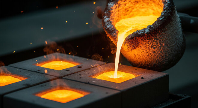 Molten metal pouring into industrial molds, glowing liquid steel in foundry casting process, heavy metallurgy production and manufacturing