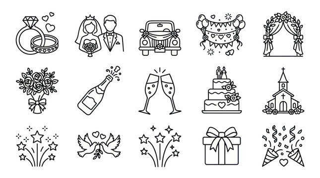 Comprehensive set of black line wedding celebration icons.