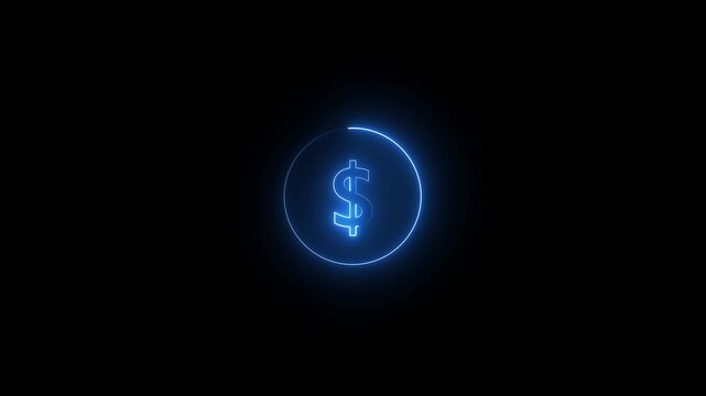 Glowing Blue Neon Dollar Sign Icon Animation on Black Background Digital Currency Finance