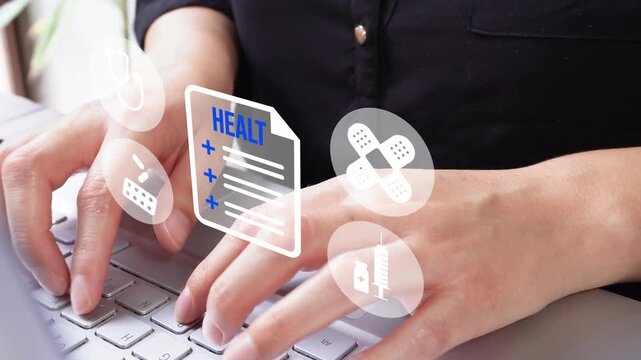 Hands type on laptop keyboard. Floating health icons appear around fingers. Focus shows digital medical data. Professional atmosphere suggests work. Ideal for healthcare or digital services