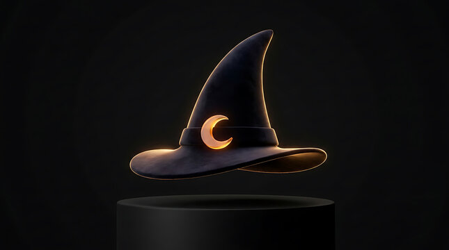 Halloween Witch Hat With Glowing Moon Symbol On Black Background For Spooky Season