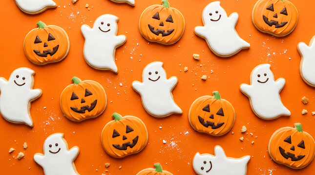 Halloween Ghost And Pumpkin Shaped Sugar Cookies On Orange Background For Festive Holiday Celebration