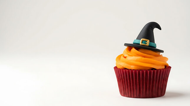 Halloween Witch Hat Cupcake With Orange Frosting And Spooky Dessert Concept
