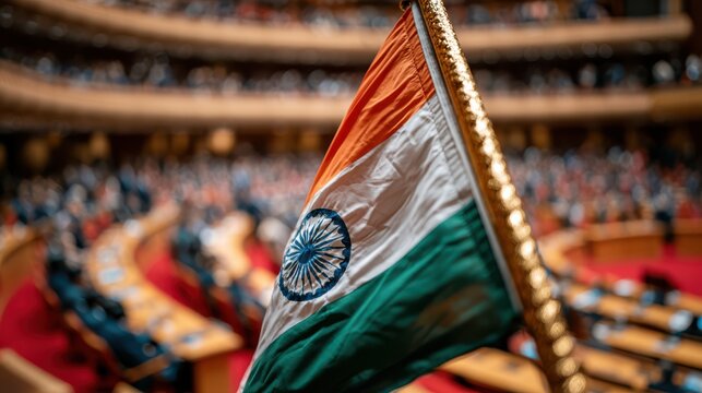 The Indian national flag is prominently displayed inside a formal assembly hall with blurred officials seated in the background.